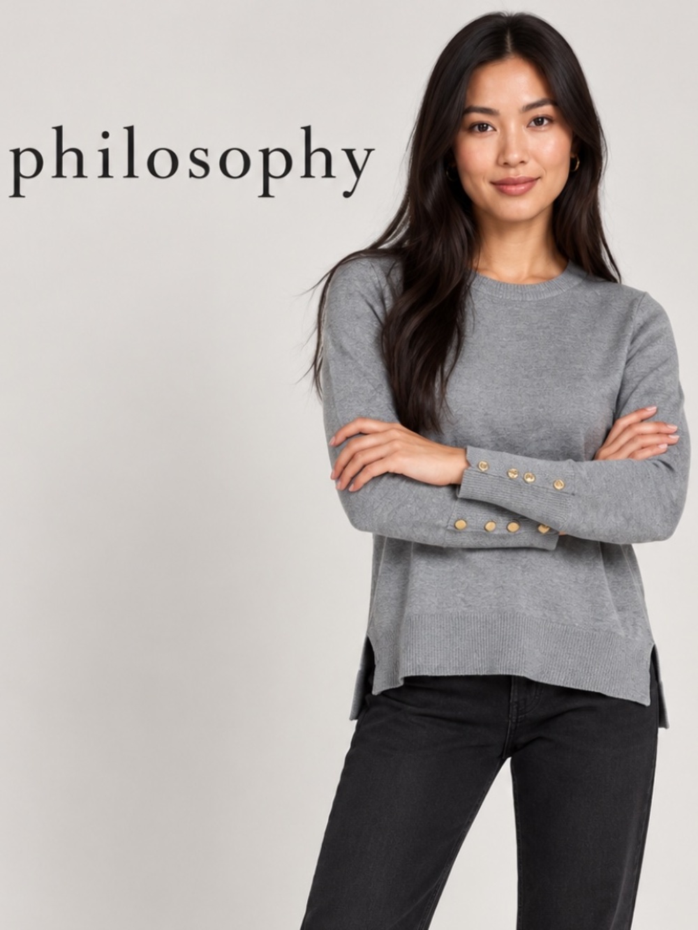 Philosophy Heather Gray Crewneck Sweater with Button Cuff Detail
